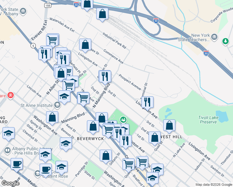 map of restaurants, bars, coffee shops, grocery stores, and more near 49 Manning Boulevard North in Albany