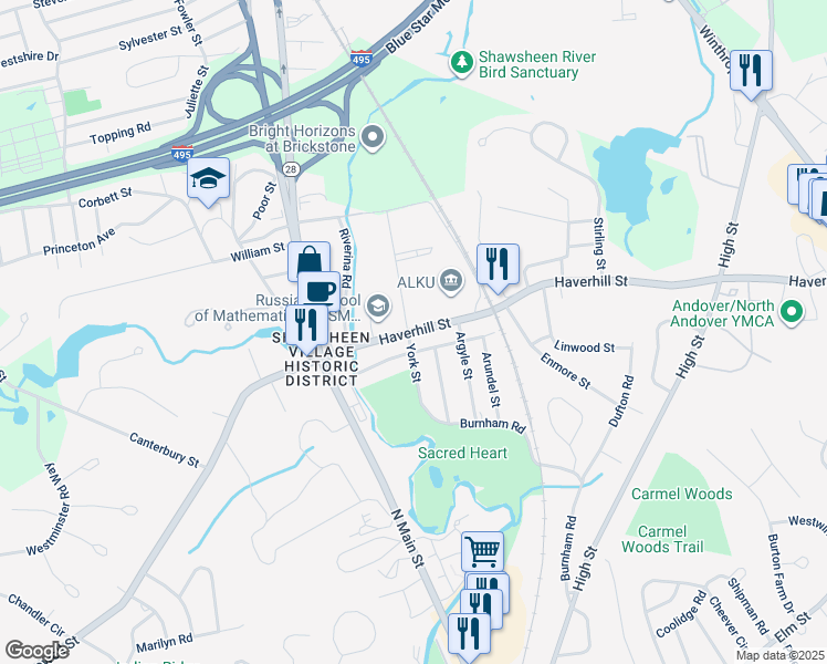 map of restaurants, bars, coffee shops, grocery stores, and more near 15 Haverhill Street in Andover