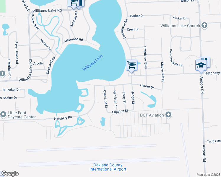 map of restaurants, bars, coffee shops, grocery stores, and more near 6684 Hatchery Road in Waterford Township