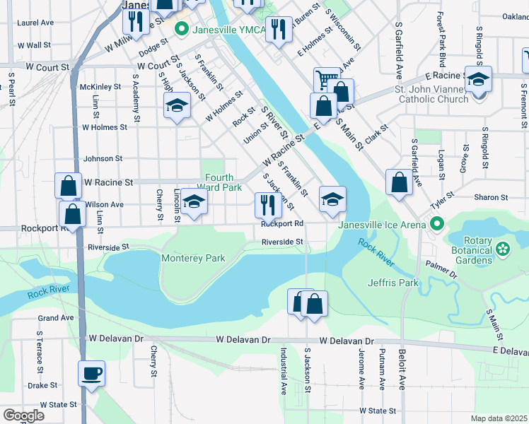 map of restaurants, bars, coffee shops, grocery stores, and more near 620 Chestnut Street in Janesville