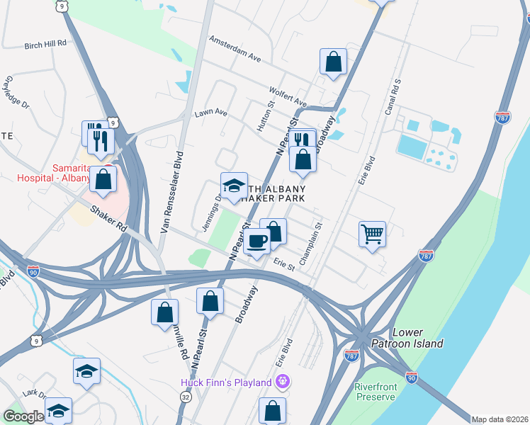 map of restaurants, bars, coffee shops, grocery stores, and more near in Albany
