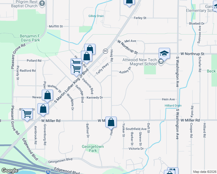 map of restaurants, bars, coffee shops, grocery stores, and more near 5824 Haag Road in Lansing