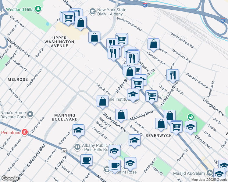 map of restaurants, bars, coffee shops, grocery stores, and more near 208 North Allen Street in Albany