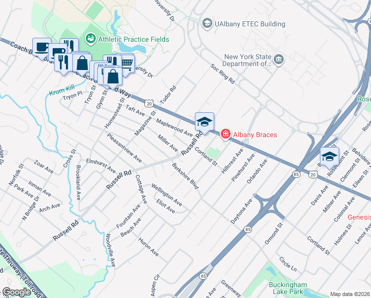 map of restaurants, bars, coffee shops, grocery stores, and more near 15 Avon Place in Albany