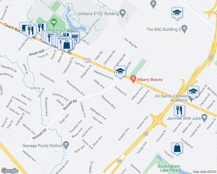 map of restaurants, bars, coffee shops, grocery stores, and more near 15 Avon Place in Albany