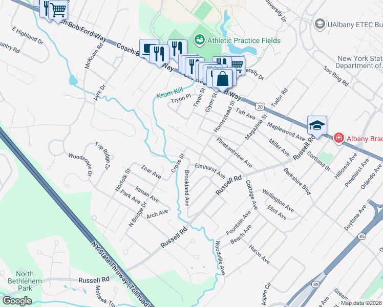 map of restaurants, bars, coffee shops, grocery stores, and more near 23 Garden Avenue in Albany
