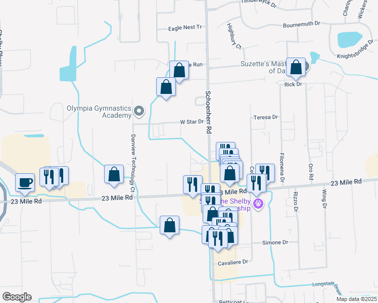 map of restaurants, bars, coffee shops, grocery stores, and more near 13398 West Star Drive in Macomb County