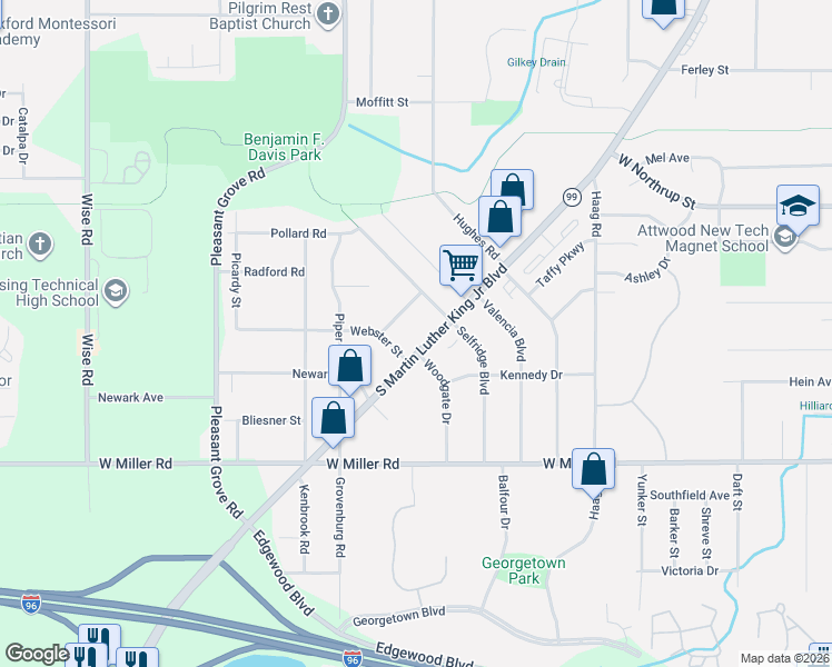 map of restaurants, bars, coffee shops, grocery stores, and more near 5906 South Martin Luther King Junior Boulevard in Lansing