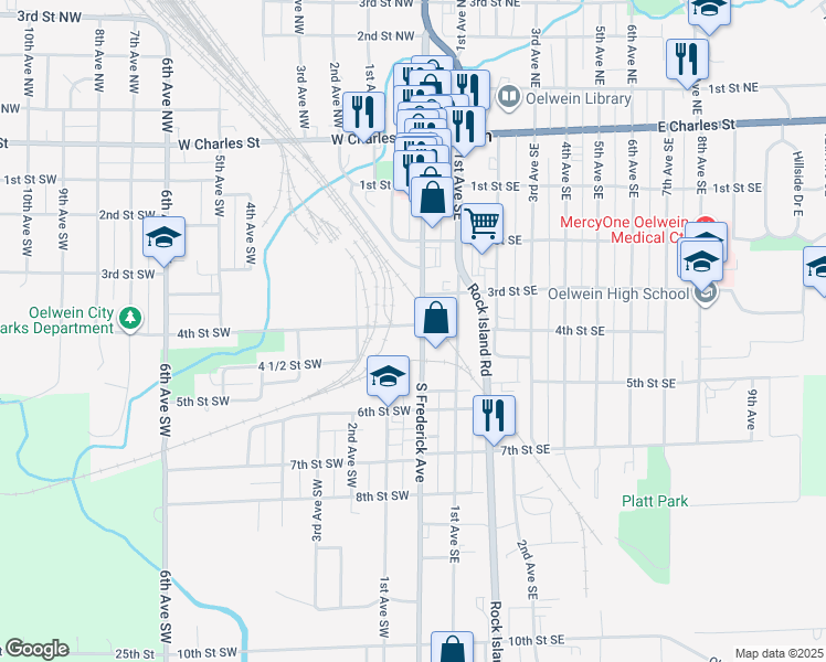 map of restaurants, bars, coffee shops, grocery stores, and more near 300-398 South Frederick Avenue in Oelwein