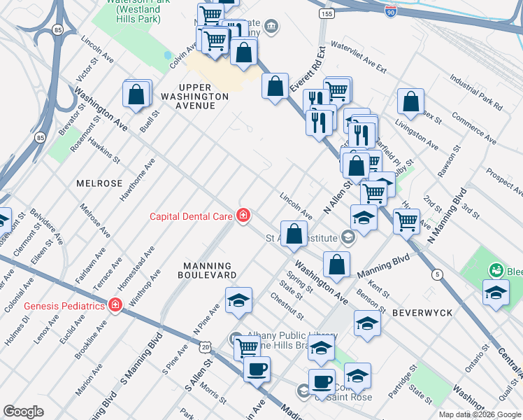map of restaurants, bars, coffee shops, grocery stores, and more near 17 Cleveland Street in Albany