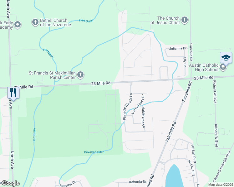 map of restaurants, bars, coffee shops, grocery stores, and more near 24510 23 Mile Road in Macomb