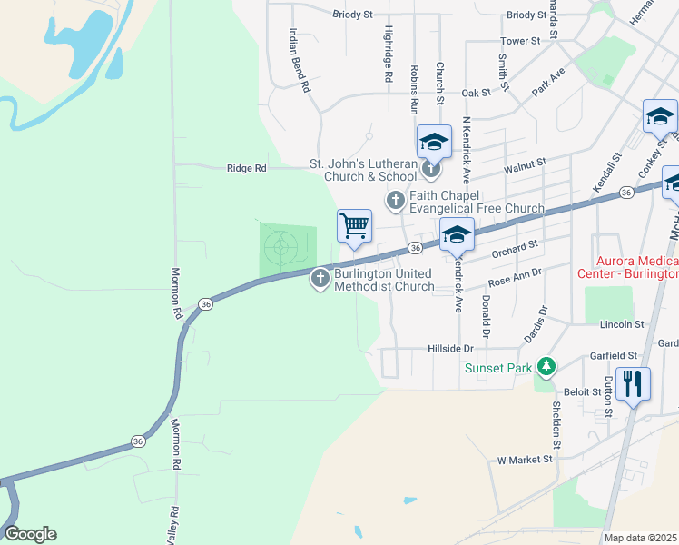 map of restaurants, bars, coffee shops, grocery stores, and more near 34911 West State Street in Burlington