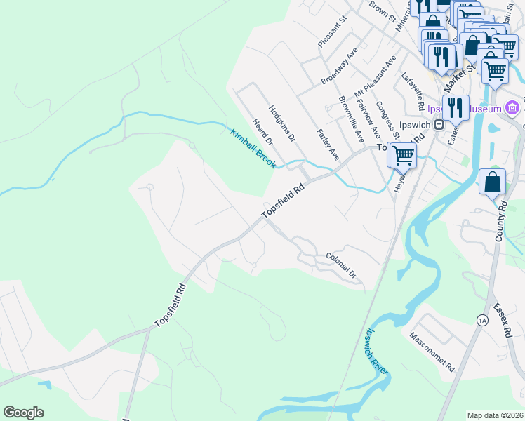 map of restaurants, bars, coffee shops, grocery stores, and more near 87 Topsfield Road in Ipswich