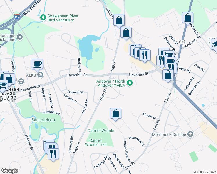 map of restaurants, bars, coffee shops, grocery stores, and more near 12 Longwood Drive in Andover