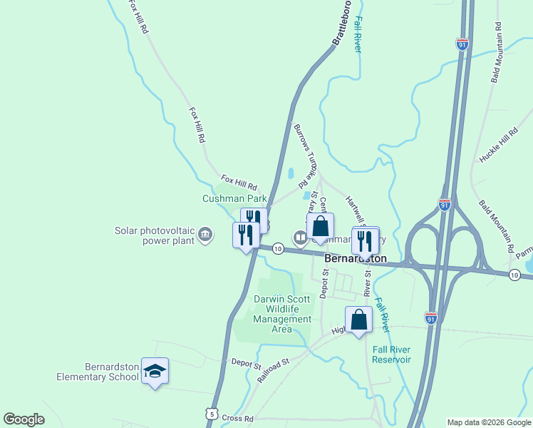map of restaurants, bars, coffee shops, grocery stores, and more near 28 Brattleboro Road in Bernardston