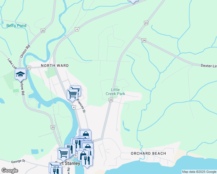 map of restaurants, bars, coffee shops, grocery stores, and more near 62 Compass Trail in Port Stanley