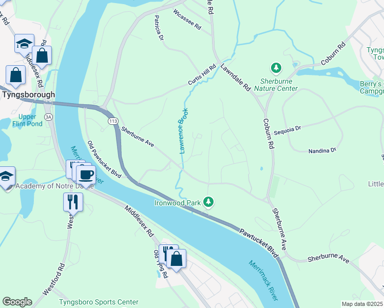 map of restaurants, bars, coffee shops, grocery stores, and more near 532 Cardinal Lane in Tyngsborough