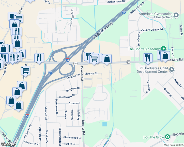 map of restaurants, bars, coffee shops, grocery stores, and more near 29434 Maurice Court in New Baltimore