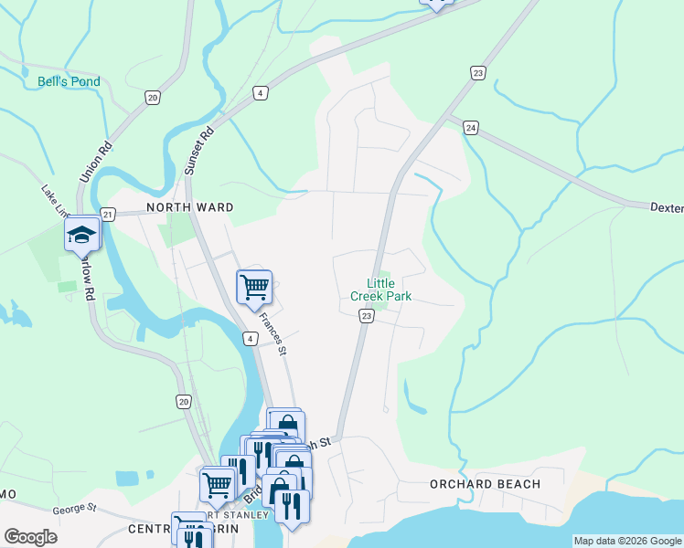 map of restaurants, bars, coffee shops, grocery stores, and more near 38 Compass Trail in Central Elgin