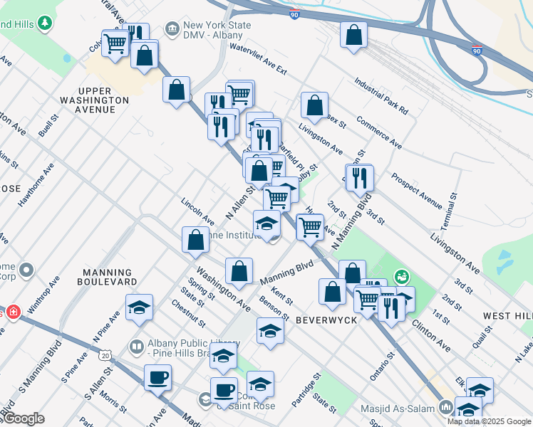 map of restaurants, bars, coffee shops, grocery stores, and more near 26 Willow Street in Albany