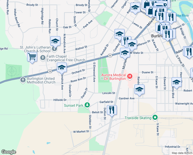 map of restaurants, bars, coffee shops, grocery stores, and more near 232 South Elmwood Avenue in Burlington