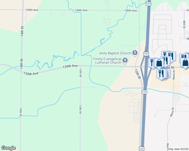 map of restaurants, bars, coffee shops, grocery stores, and more near 1270 135th Avenue in Wayland