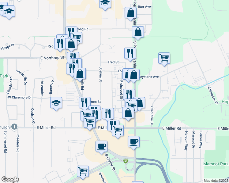 map of restaurants, bars, coffee shops, grocery stores, and more near 5752 Orchard Court in Lansing