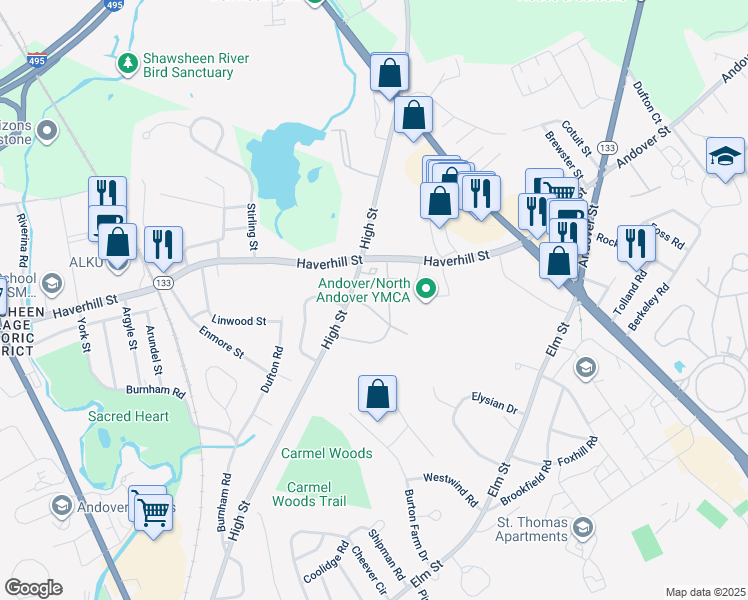 map of restaurants, bars, coffee shops, grocery stores, and more near 7 Longwood Drive in Andover