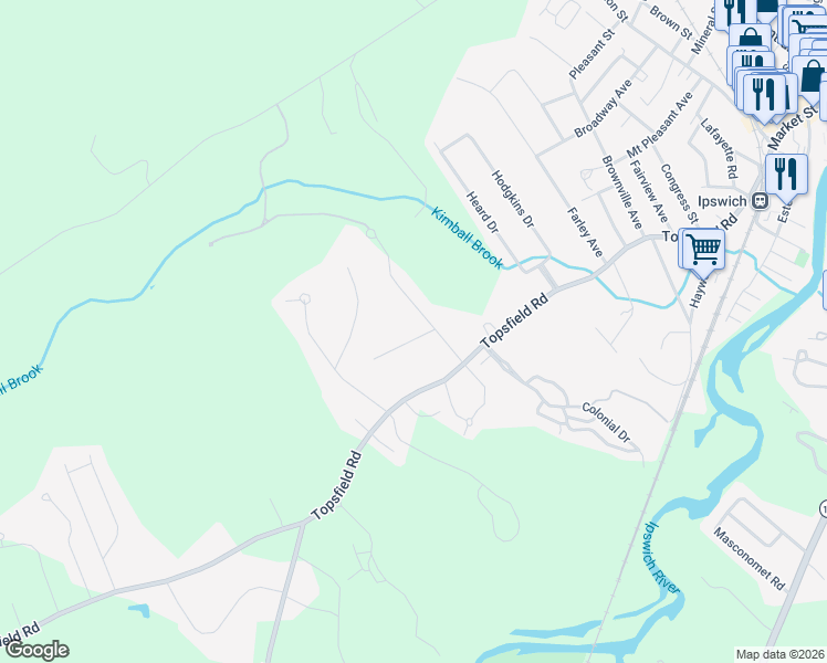 map of restaurants, bars, coffee shops, grocery stores, and more near 3 Abell Avenue in Ipswich