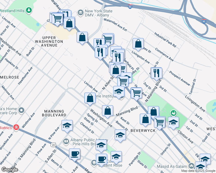 map of restaurants, bars, coffee shops, grocery stores, and more near 208 North Allen Street in Albany