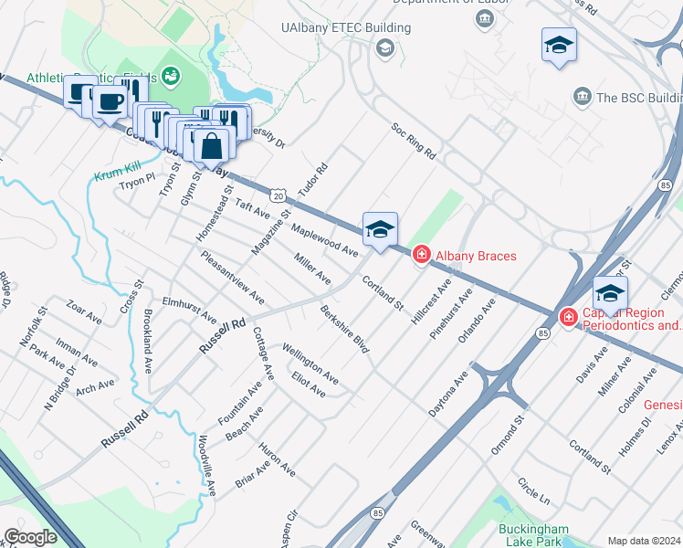 map of restaurants, bars, coffee shops, grocery stores, and more near 15 Avon Place in Albany