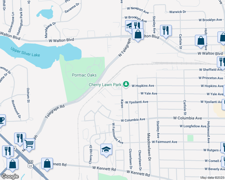 map of restaurants, bars, coffee shops, grocery stores, and more near 59 Sallee Lane in Pontiac