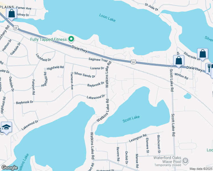 map of restaurants, bars, coffee shops, grocery stores, and more near 3325 Watkins Lake Road in Waterford Township