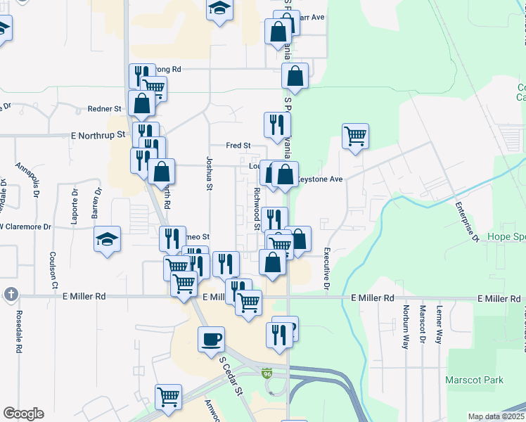map of restaurants, bars, coffee shops, grocery stores, and more near 5751 Richwood Street in Lansing