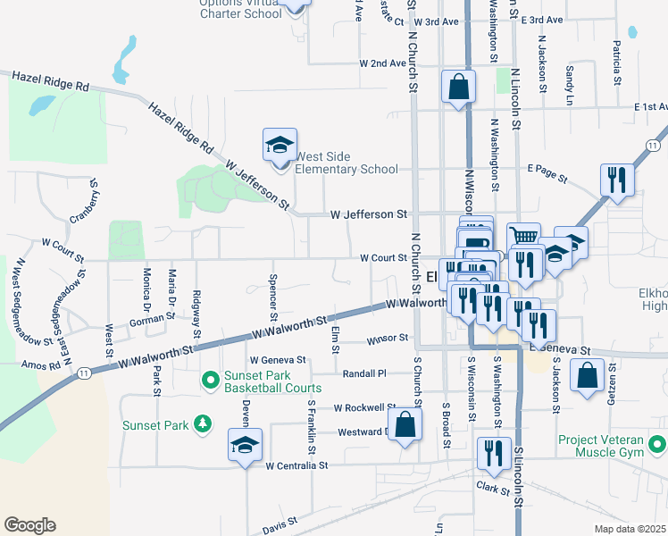 map of restaurants, bars, coffee shops, grocery stores, and more near 402 West Court Street in Elkhorn