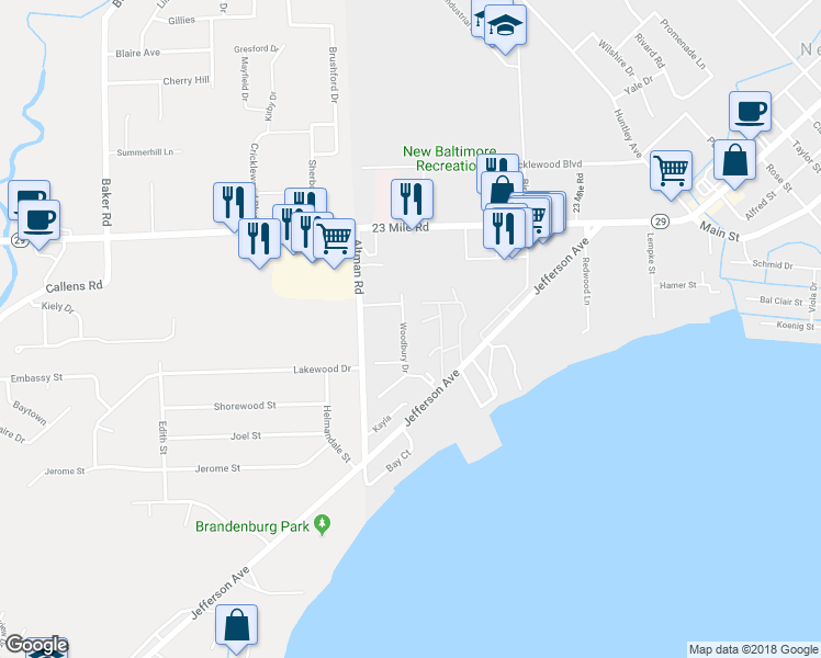 map of restaurants, bars, coffee shops, grocery stores, and more near 50718 Woodbury Drive in New Baltimore