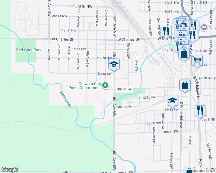 map of restaurants, bars, coffee shops, grocery stores, and more near 301-399 7th Avenue Southwest in Oelwein
