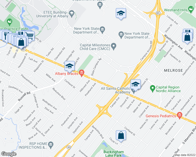 map of restaurants, bars, coffee shops, grocery stores, and more near 943 Western Avenue in Albany
