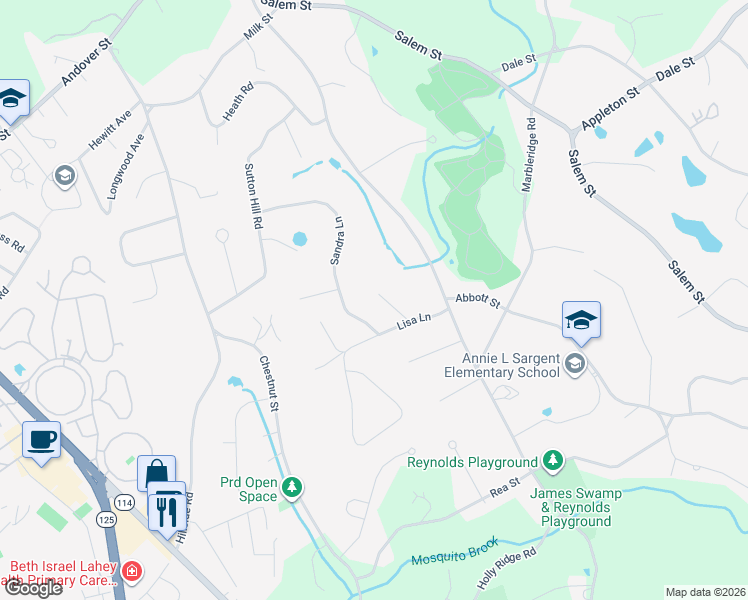 map of restaurants, bars, coffee shops, grocery stores, and more near 37 Kieran Road in North Andover