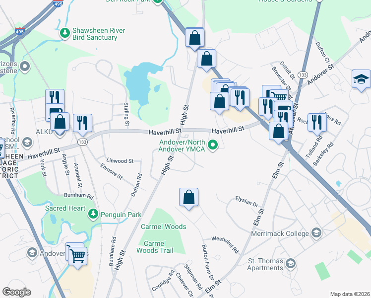 map of restaurants, bars, coffee shops, grocery stores, and more near 197 High Street in Andover