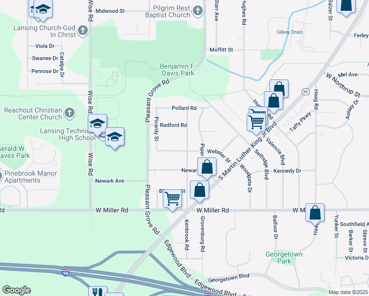 map of restaurants, bars, coffee shops, grocery stores, and more near 2300 Webster Street in Lansing