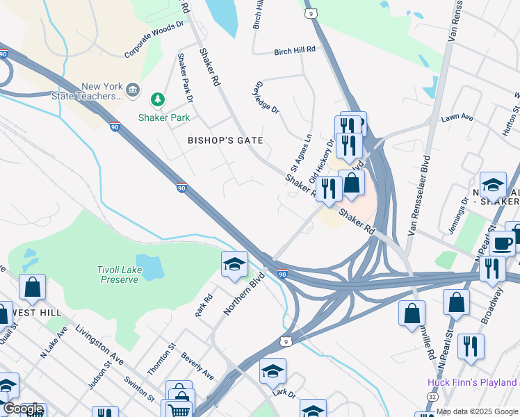 map of restaurants, bars, coffee shops, grocery stores, and more near 8 Kerry Lane in Albany