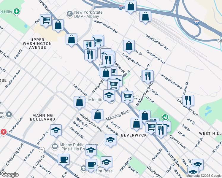 map of restaurants, bars, coffee shops, grocery stores, and more near 607 Central Avenue in Albany