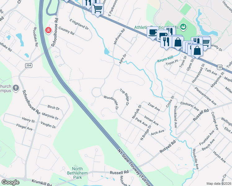 map of restaurants, bars, coffee shops, grocery stores, and more near 603 Top Ridge Drive in Albany