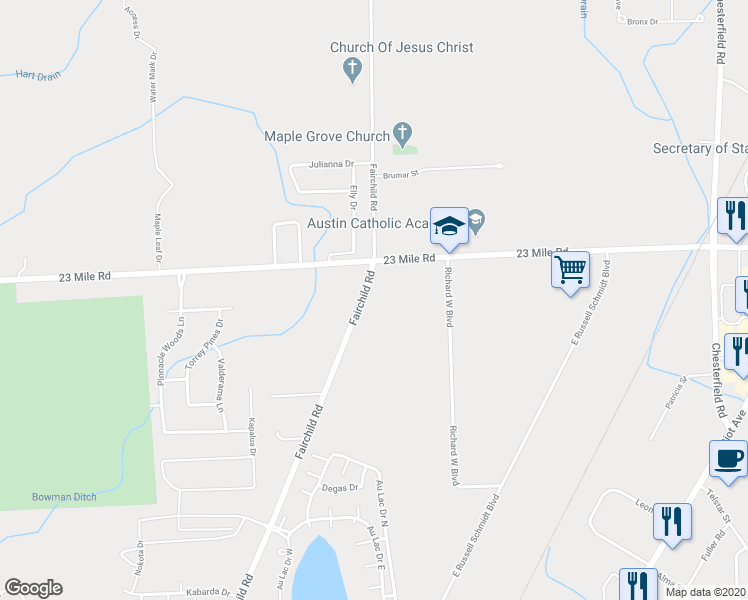 map of restaurants, bars, coffee shops, grocery stores, and more near 50820 Fairchild Road in New Baltimore