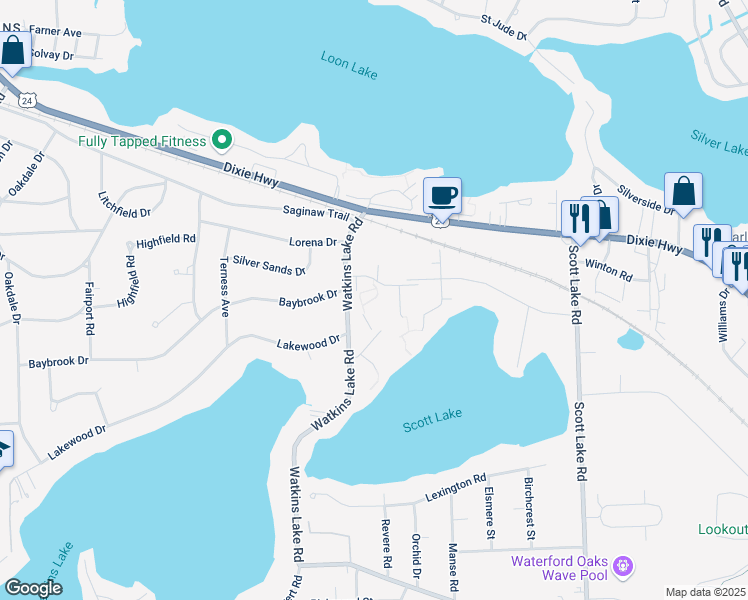 map of restaurants, bars, coffee shops, grocery stores, and more near 3325 Watkins Lake Road in Waterford Township