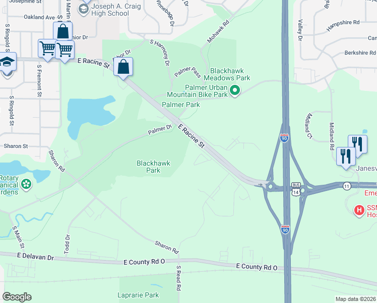map of restaurants, bars, coffee shops, grocery stores, and more near 2506 East Racine Street in Janesville