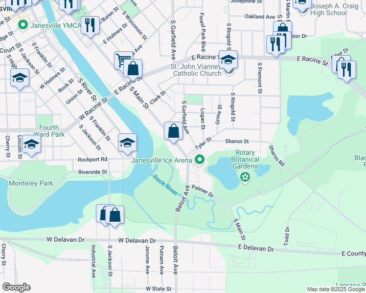 map of restaurants, bars, coffee shops, grocery stores, and more near 783 South Main Street in Janesville