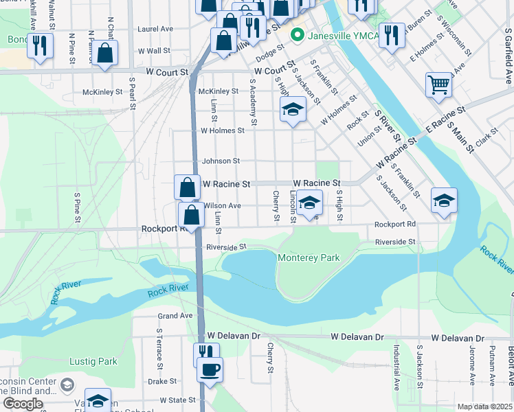 map of restaurants, bars, coffee shops, grocery stores, and more near South Academy Street in Janesville