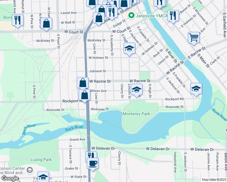map of restaurants, bars, coffee shops, grocery stores, and more near South Academy Street in Janesville